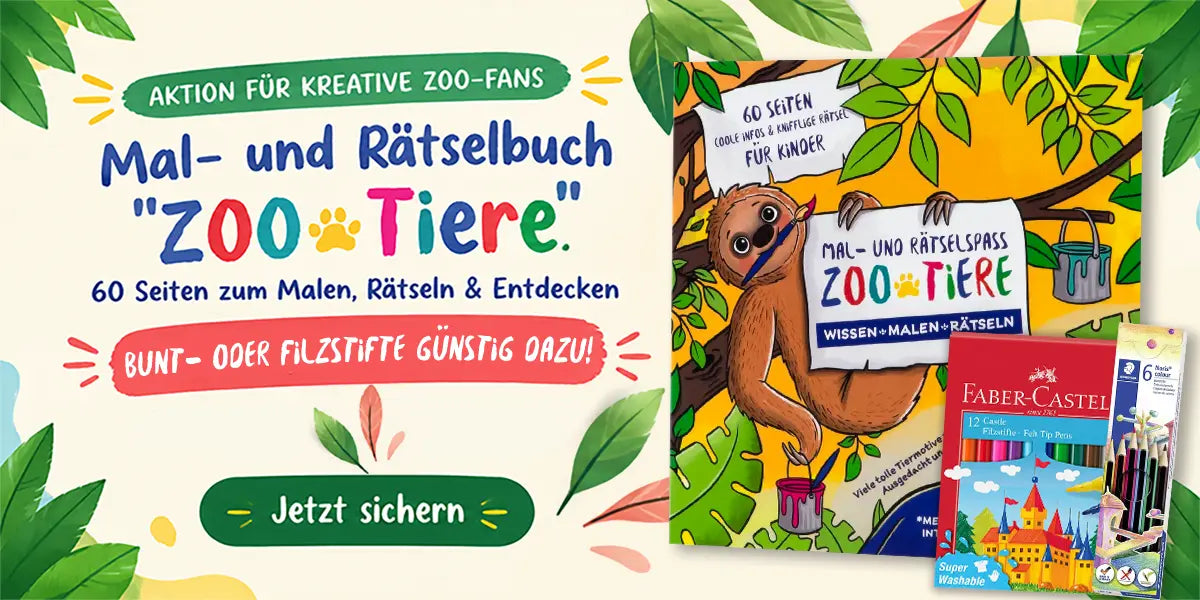 Mal- und Rätselbuch Zoo-Tiere inklusive Stiften